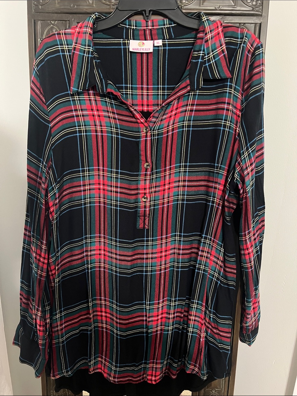 Marley Lilly Black & Red Plaid Button-Neck Tunic